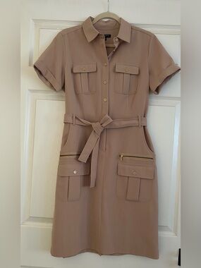 Sharagano Short-Sleeve Utility Midi Dress in Taupe